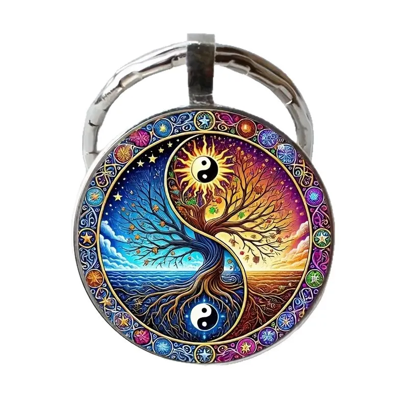 Tree of Life & Lotus Pendant Keychain – Alloy Glass Keyring with Lucky Flower Design, Unisex Accessory, Perfect Gift for Wisdom & Good Fortune